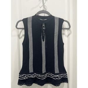 NWT Derek Lam 10 Crosby Black & White Striped Ruffled Knit Sleeveless Top Sz L